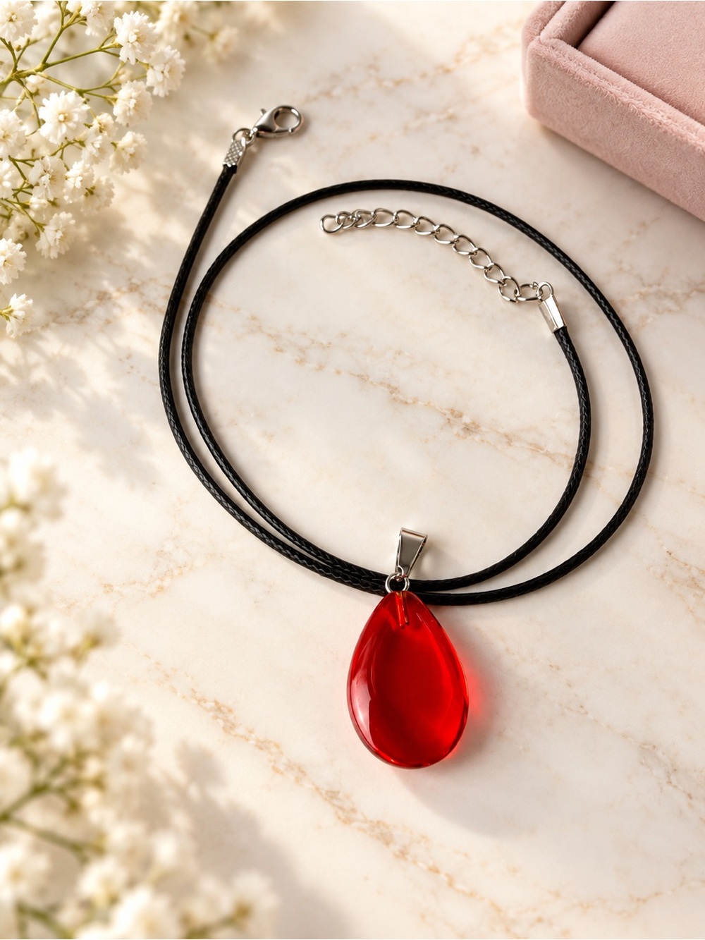Red Teardrop Pendant Necklace with Black Cord - Women Jewelry